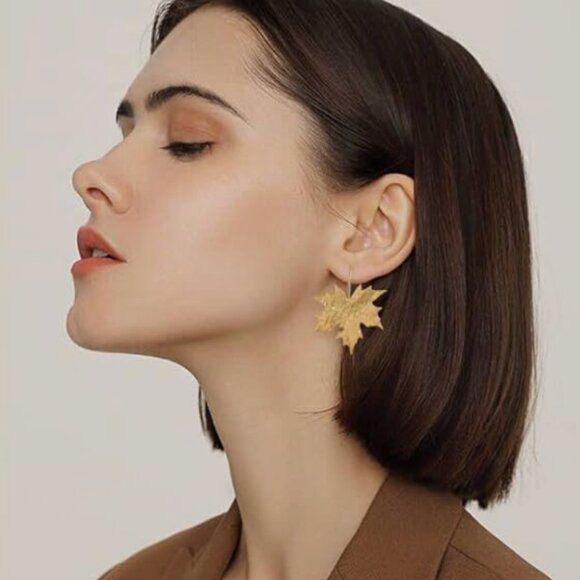 Golden tone Fall Maple Leaves Earrings - Picture 3 of 5